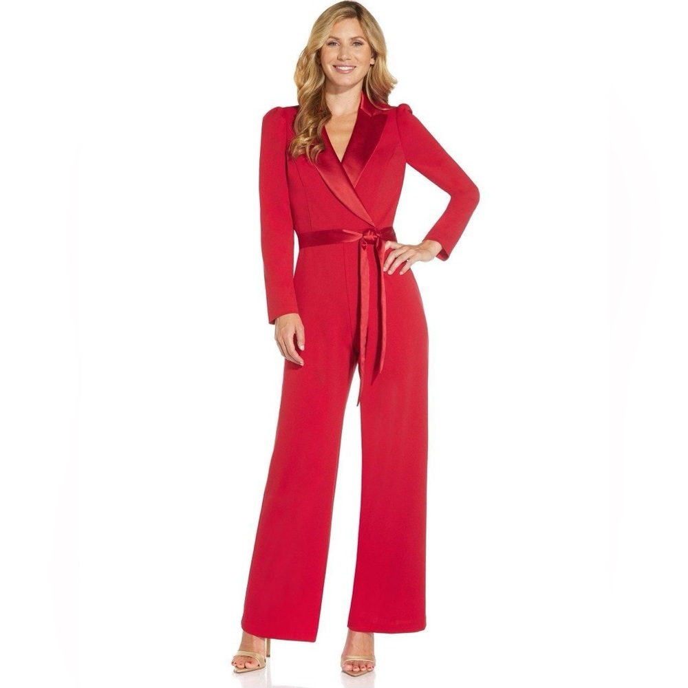 Adrianna Papell Red Satin-Trim Jumpsuit
